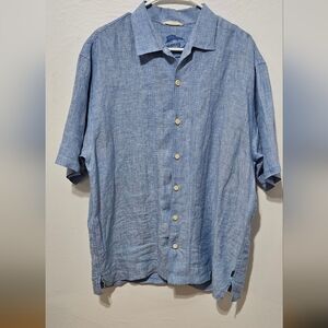 Tommy Bahama Button Up Shirt Large Linen Blue Short Sleeve Casual Mens B14